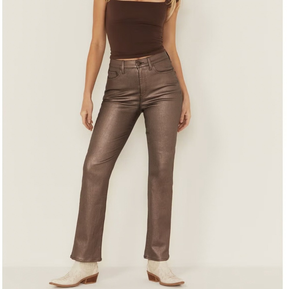 Daze Women's Sundaze High Rise Cropped Coated Stretch Pants-Brown/Copper-Size 25